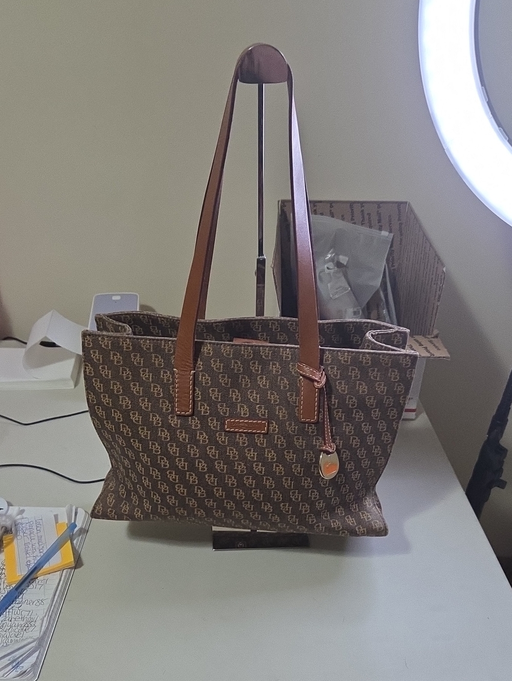 Dooney & Bourke Brown Monogram Tote with Tan Leather Straps